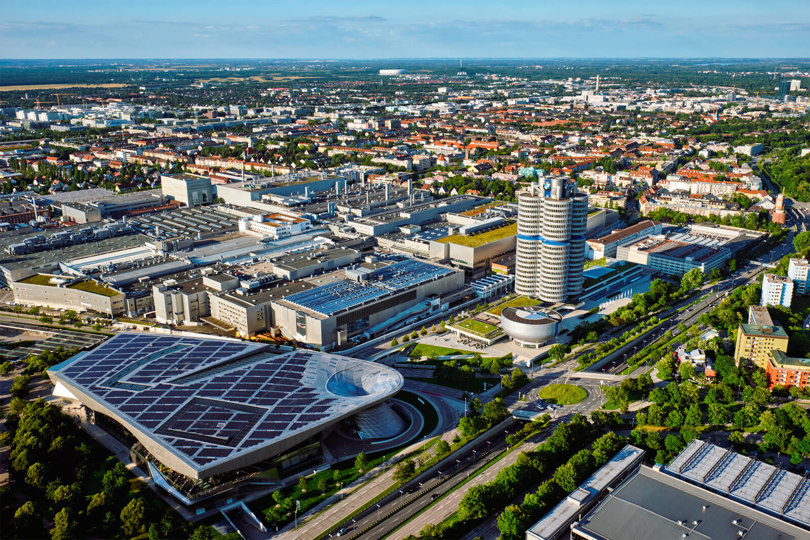 Aerial view of BMW Museum and BWM Welt and factory. Munich, Germ