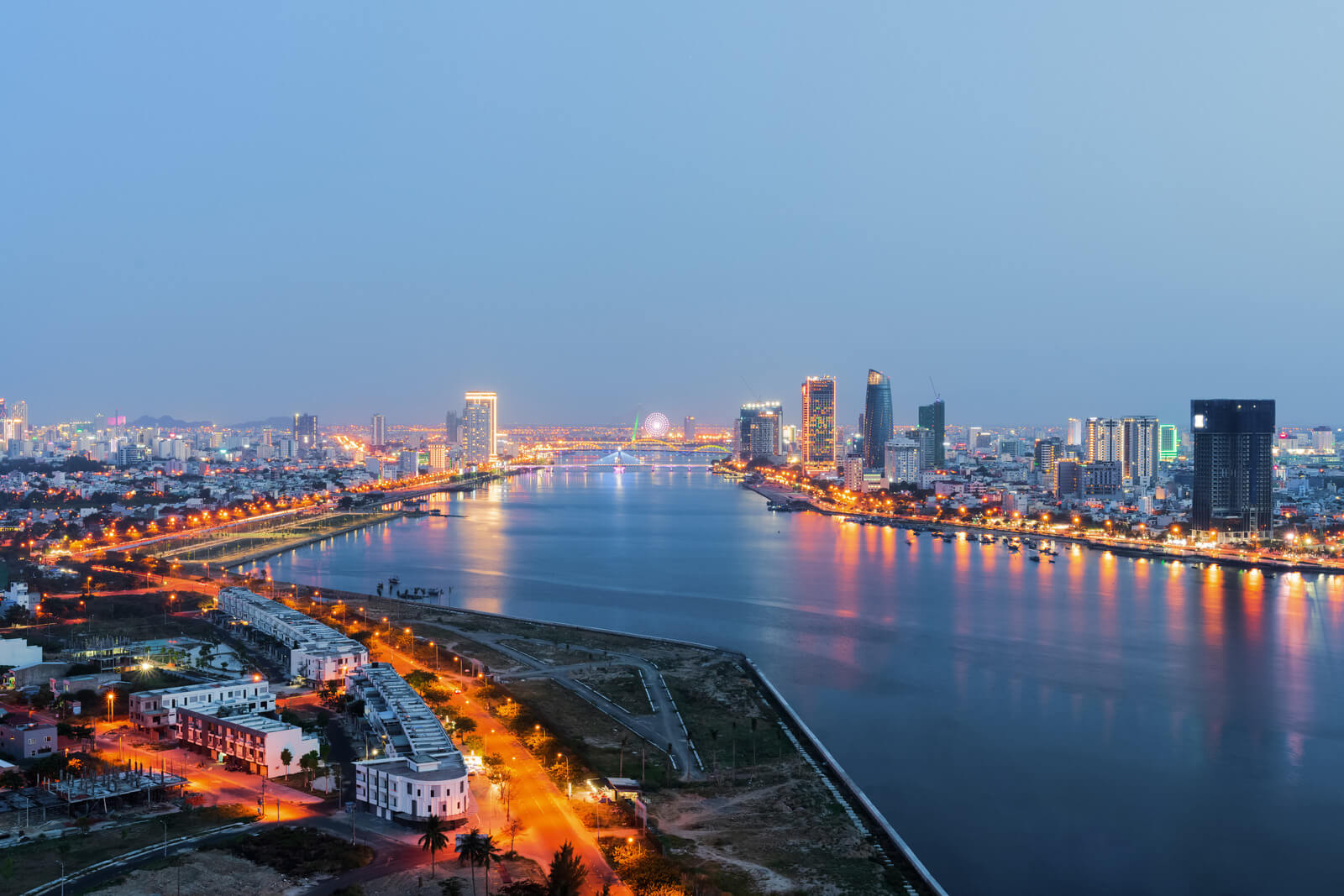 Da Nang city skyline cityscape at Han river at twilight in Da Nang, central Vietnam