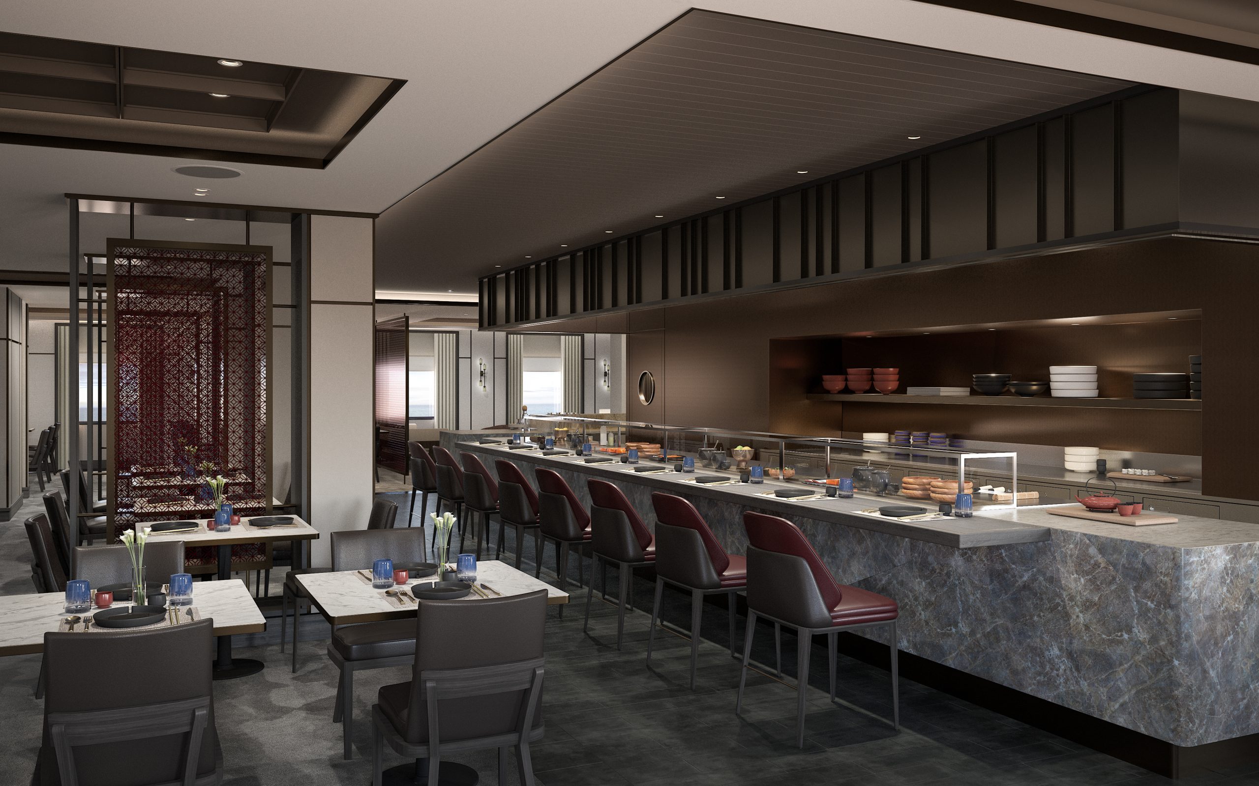 Renderings of Asian restaurant, Memori, aboard Ilma.