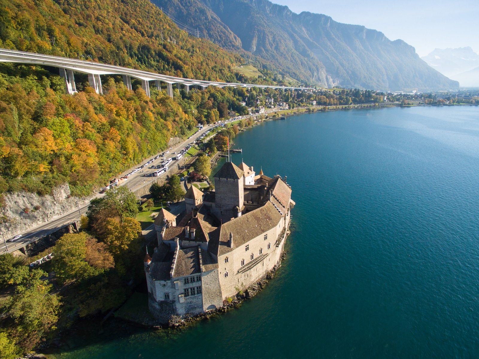 Aerial view of Chillon Castle - Chateau de Chillon in Montreux,