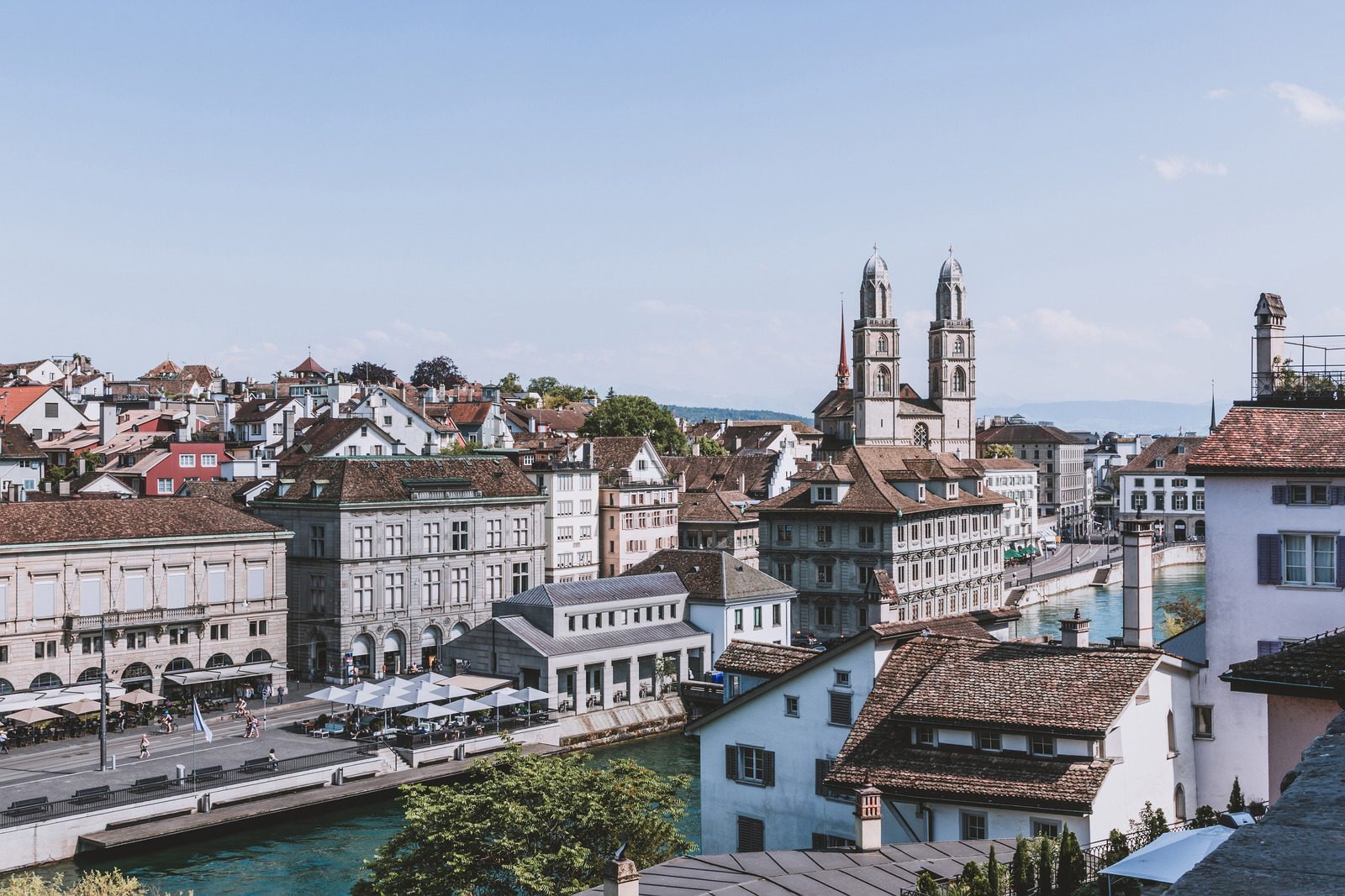 View of historic Zurich city and river Limmat from Lindenhof park, Zurich